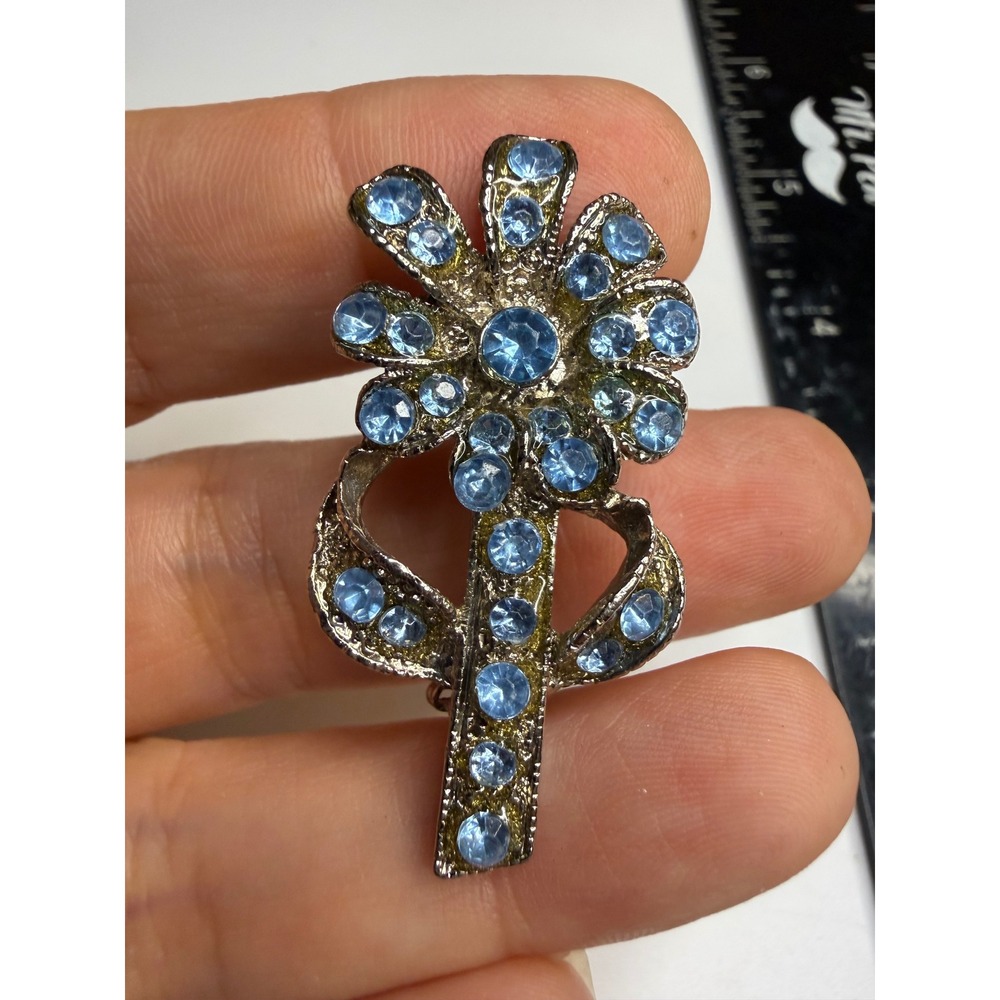 Silver Tone Light Blue Rhinestone Flower Brooch Pin Floral Statement Jewelry